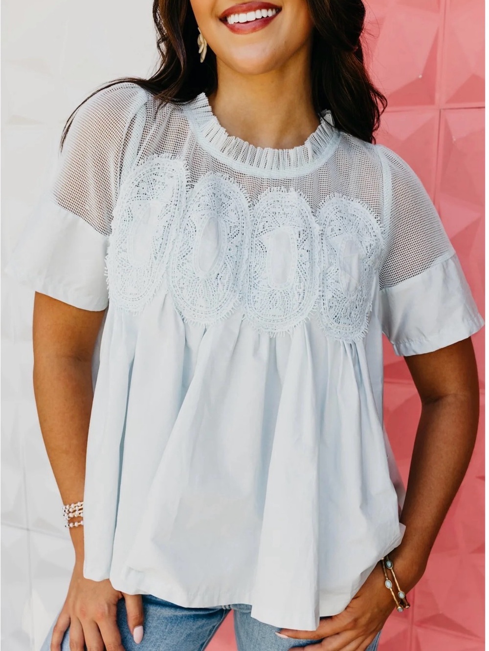 The Skyler Mesh Yoke Blouse in powder blue-NWT